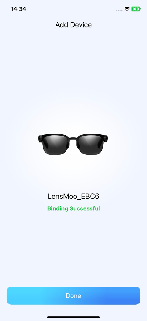 LensMoo - Interfaz que muestra la vinculación exitosa de las gafas inteligentes LensMoo AI con la aplicación móvil