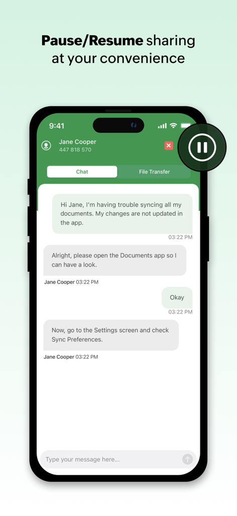 Zoho Assist Customer app interface on iPhone showing a support chat and pause sharing button