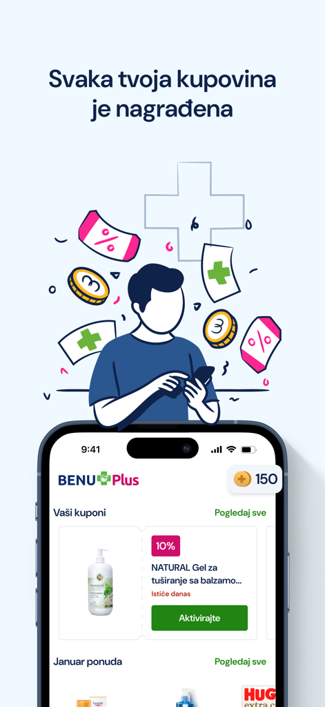 Una pantalla de teléfono móvil que muestra el programa de fidelidad de BENU Apoteka con cupones disponibles y puntos acumulados.