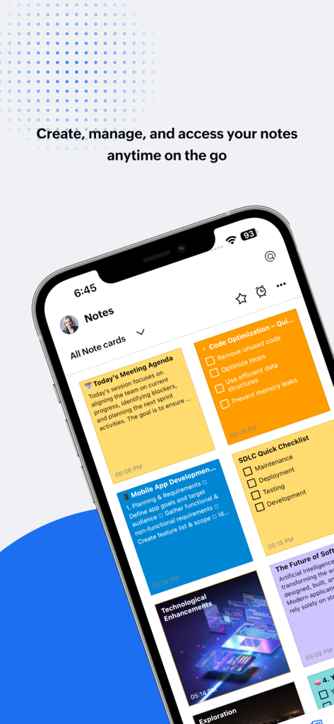 Una pantalla de smartphone que muestra la función de notas de la aplicación Zoho One con varias tarjetas de tareas empresariales