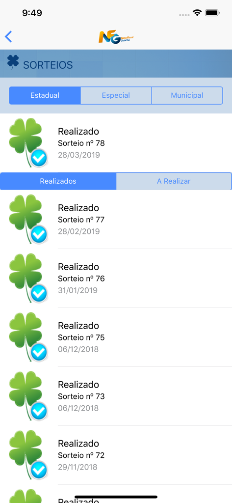 Liste des tirages au sort terminés dans l'application mobile Nota Fiscal Gaucha.