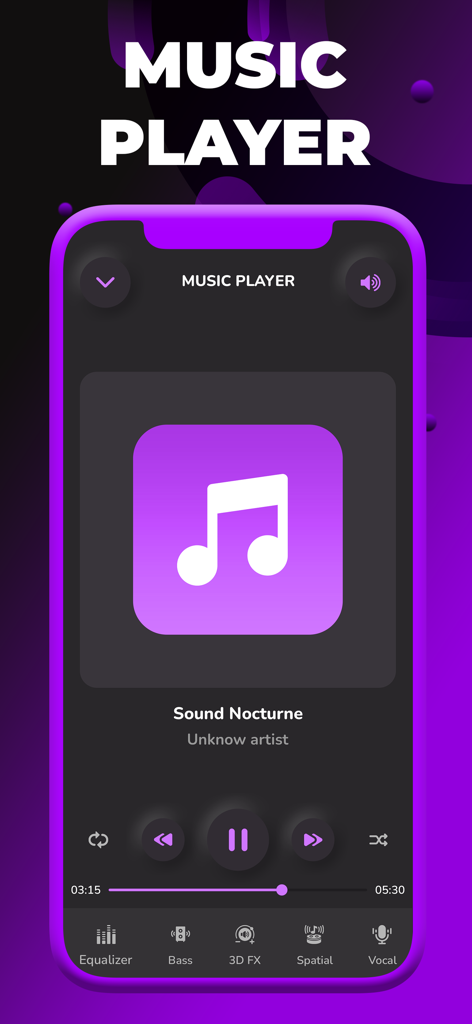 Volume Booster - Equalizer FX - A purple themed music player interface for the Volume Booster and Equalizer FX app showing playback controls and audio effects