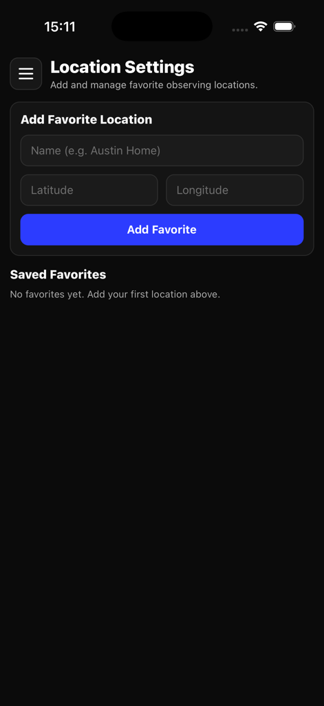 Eclipse Timer - The location settings screen in the Eclipse Timer app for adding and managing favorite eclipse observation sites using latitude and longitude.