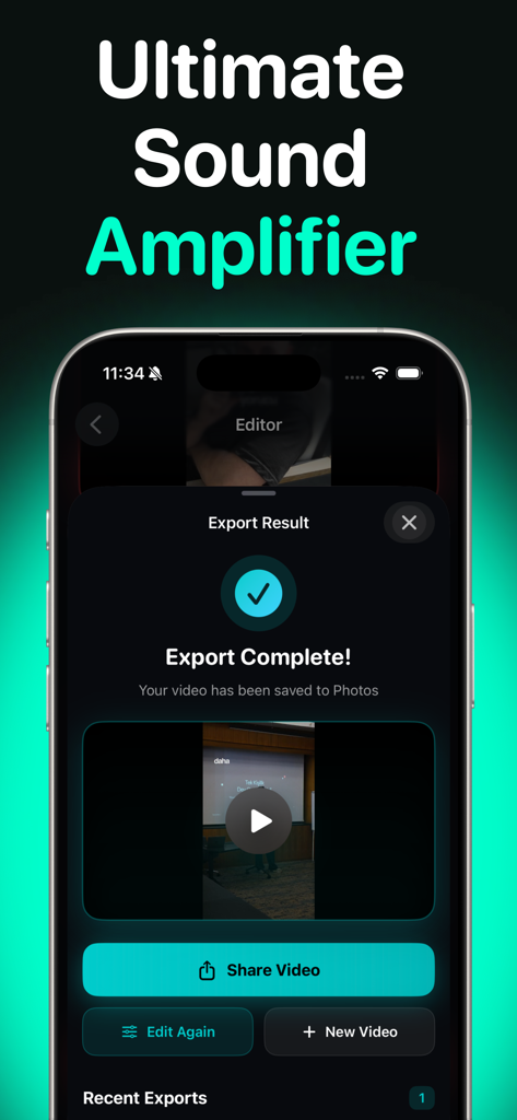 Video Volume Booster app showing the export complete screen with share and edit options