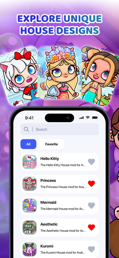 Cute Mods : for Avatar World - Mobile app interface of Cute Mods for Avatar World showing various house designs like Hello Kitty Princess and Mermaid