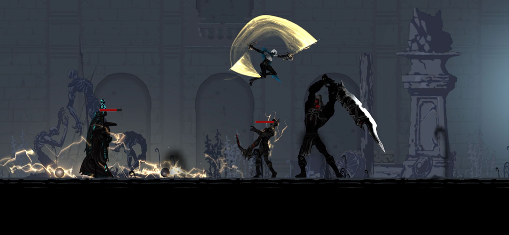 Shadow Hunter: Premium - Personaje realizando un ataque de salto de arco dorado contra demonios sombríos oscuros en una ruina gótica.