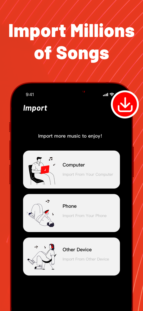 Music Quick app interface showing options to import music from a computer, phone, or other devices.
