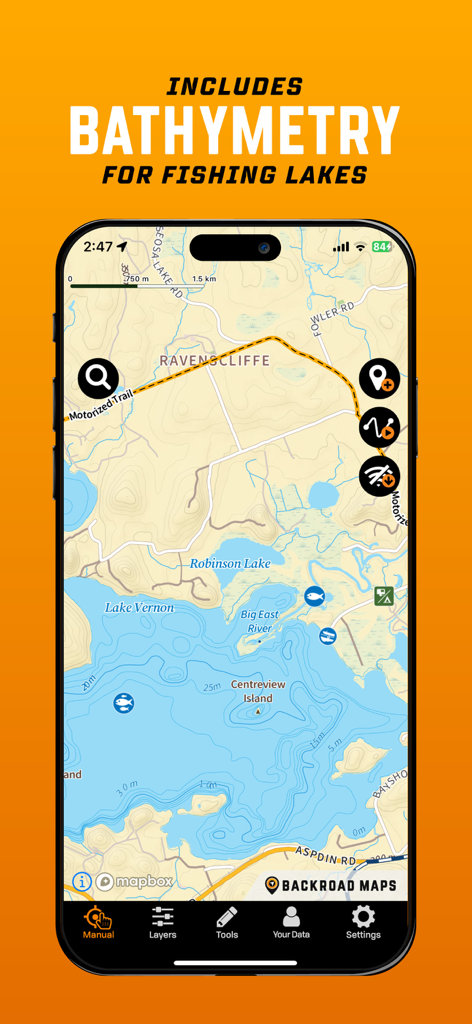 Mapa topográfico móvil mostrando la batimetría del lago y las curvas de profundidad para la pesca en la aplicación BRMB Maps
