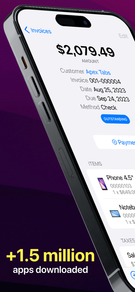 Invoice Center - Get Paid Fast - Smartphone screen showing a professional invoice with an outstanding balance of over two thousand dollars in the Invoice Center app.
