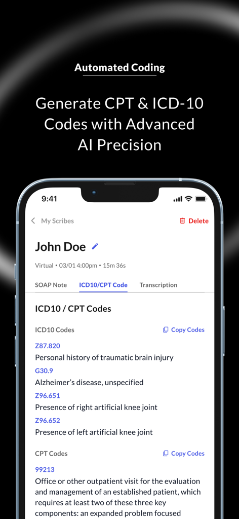 Commure - AI Medical Scribe - A smartphone screen displaying the Commure app generating automated ICD-10 and CPT medical codes with AI precision.