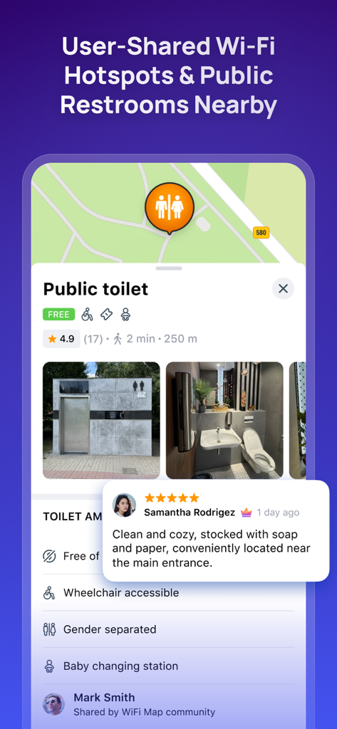 Pantalla de la aplicación WiFi Map que muestra un localizador de baños públicos con detalles, fotos y reseñas de usuarios.