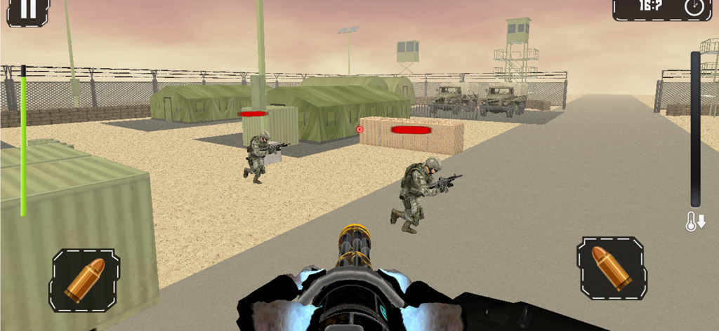 US Army Gunner Battle City War - First person shooter gameplay showing a soldier with a minigun at a military base camp