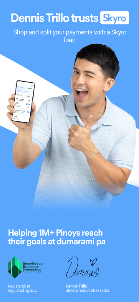 Dennis Trillo endorsing the Skyro mobile loan app for flexible payment installments.