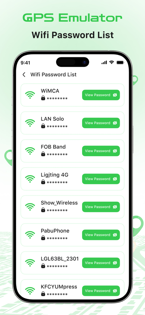 Pantalla de la aplicación GPS Emulator que muestra una lista de redes WiFi y contraseñas disponibles