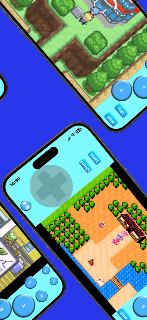 IPhone screens showing retro RPG gameplay and virtual controller buttons in the MyBoyGame emulator app