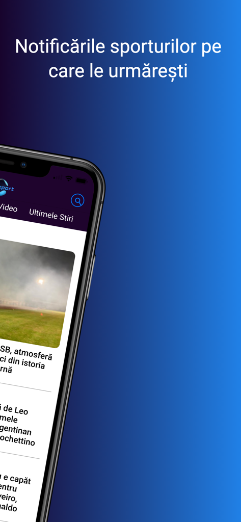 DigiSport - Interfaccia dell'app mobile DigiSport che mostra notizie sportive e opzioni di notifica in rumeno.
