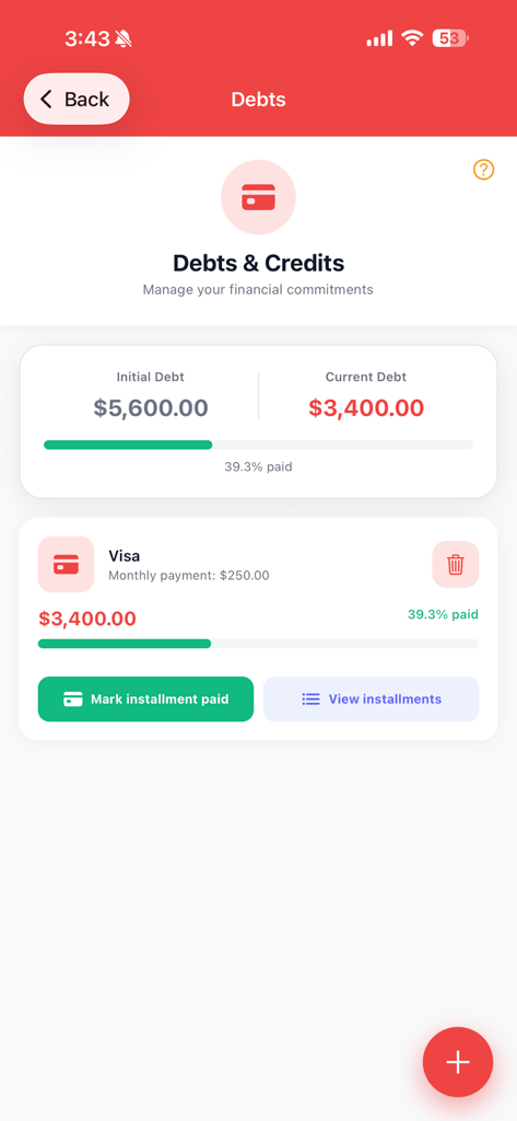 Money Track AI App-Oberfläche, die ein Schulden-Tracker-Dashboard mit aktuellem Saldo und Zahlungsfortschritt für eine Visa-Karte anzeigt