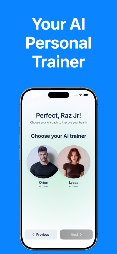 RazFit - A smartphone screen from the RazFit app displaying the option to choose between two AI personal trainers named Orion and Lyssa.