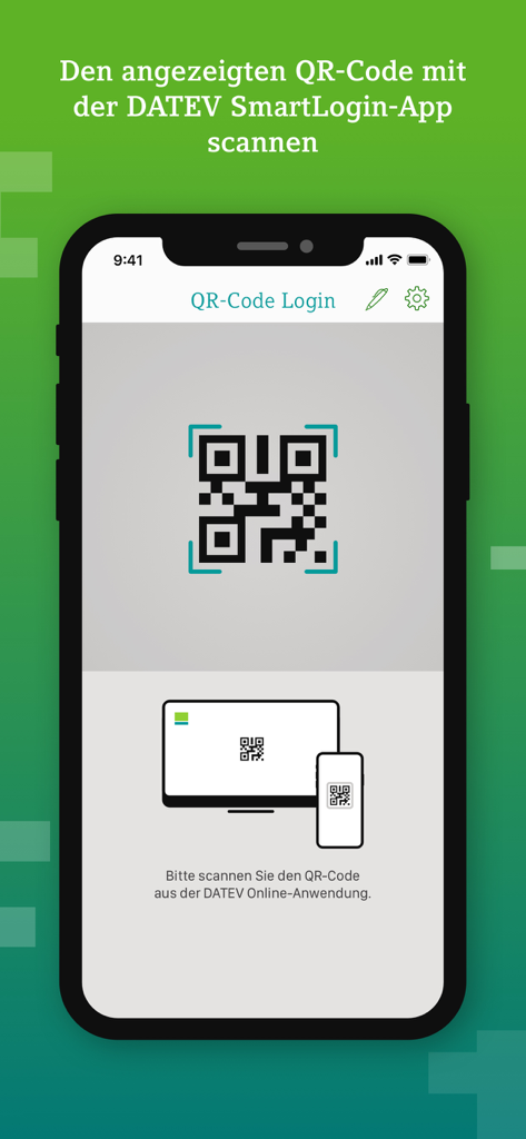 Smartphone screen displaying the QR code login interface of the DATEV SmartLogin app.