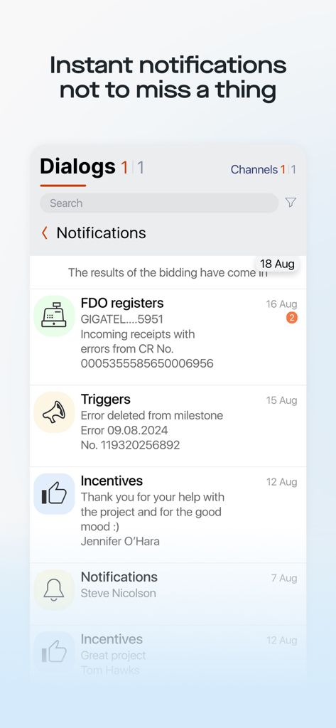 Saby - A mobile interface of the Saby app displaying instant business notifications for tasks, registers, and employee incentives
