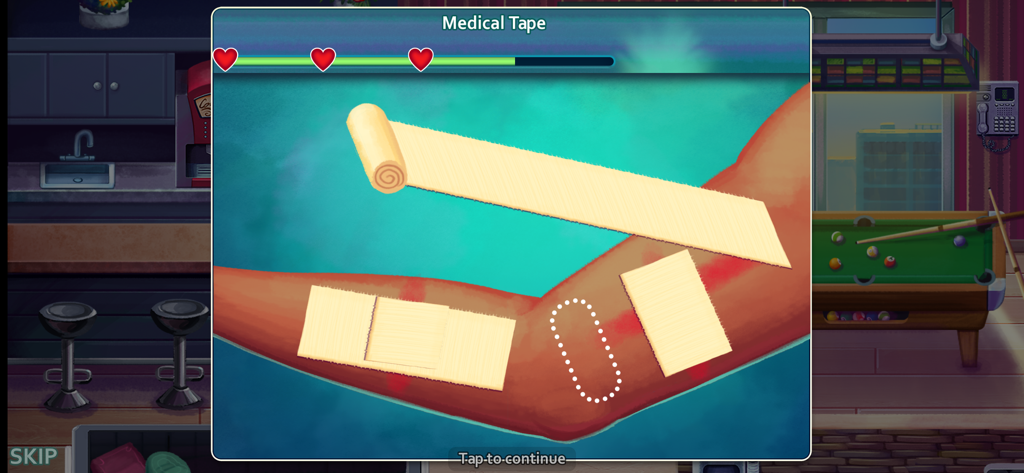 Heart's Medicine - Doctor Game - Ein Minispielbildschirm für medizinisches Klebeband, der das Anlegen eines Verbandes am Arm eines Patienten zeigt.