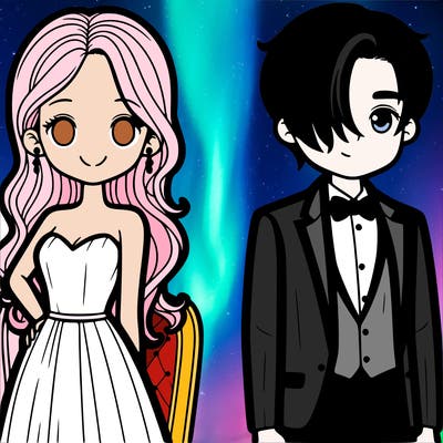 a couple with a women in a dress and a man with hair in front of his eye in a tuxedo