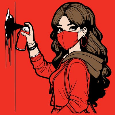 realistic girl with mask spray painting a wall