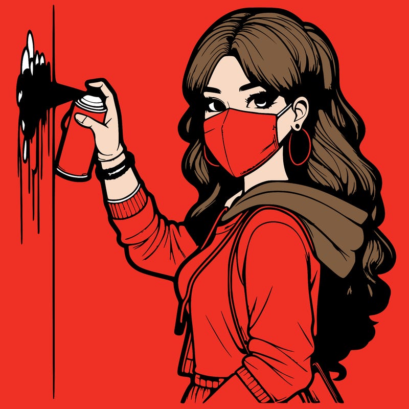 realistic girl with mask spray painting a wall