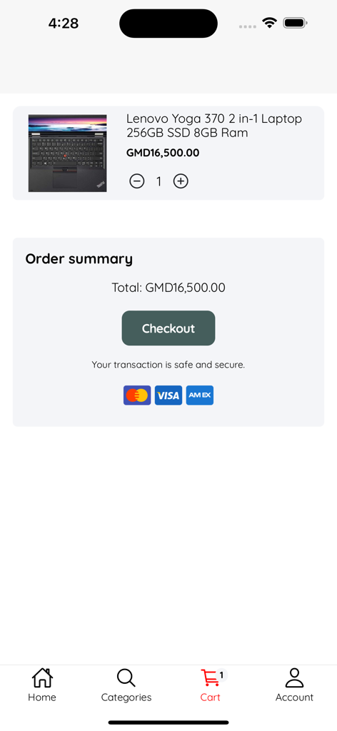 BiiT - Écran de paiement de l'application BiiT montrant un résumé de commande pour un ordinateur portable Lenovo en Dalasi gambien avec des options de paiement sécurisées.