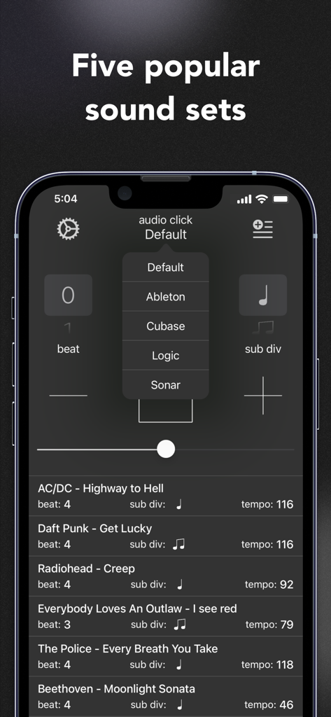 Metronome - Tempo & BPM - Metronome app interface showing a menu with different audio click sound sets like Ableton and Logic