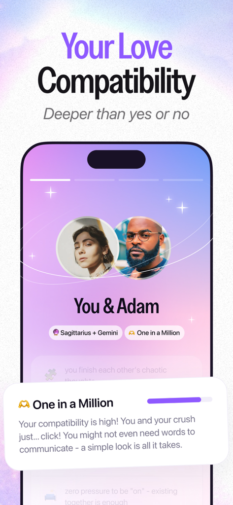 AstroClub app interface displaying a love compatibility analysis between two zodiac signs