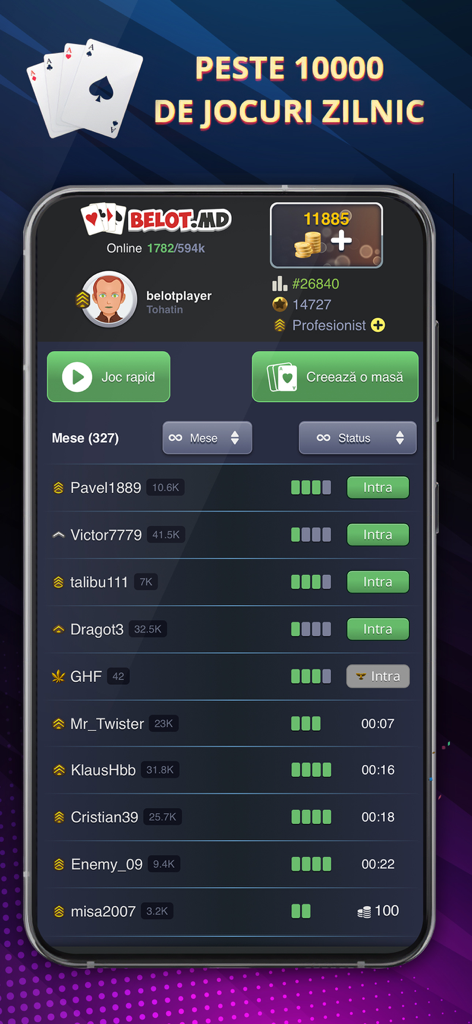 Online-Lobby von Belot.md mit aktiven Kartenspieltischen und Spieler-Ranglisten für die moldawische Community.