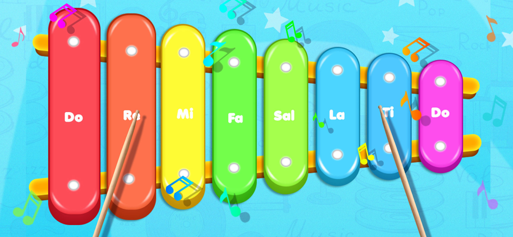 Musical Band! Play and Learn - A colorful toy xylophone with musical notes labeled for toddlers to play.