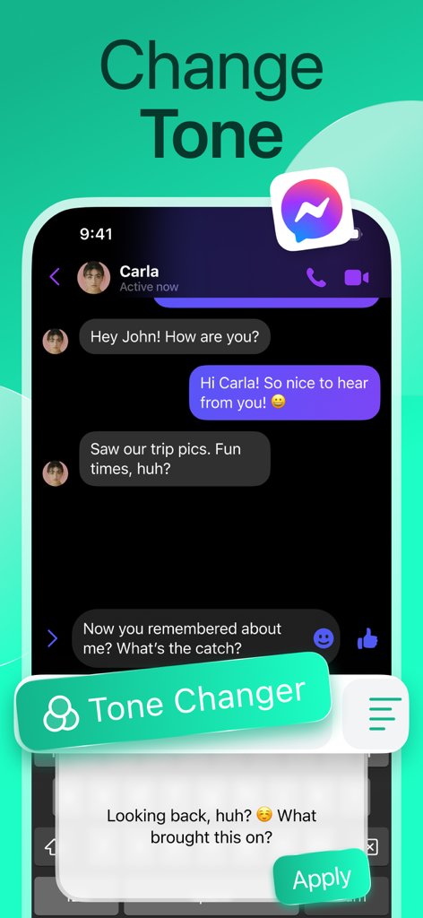 AI Type: Al Keyboard Extension - AI Type keyboard extension showing the Tone Changer feature rewriting a chat message to adjust its tone and style