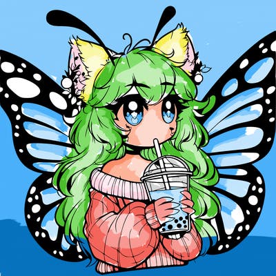a realistic butterfly/furry girl drinking boba