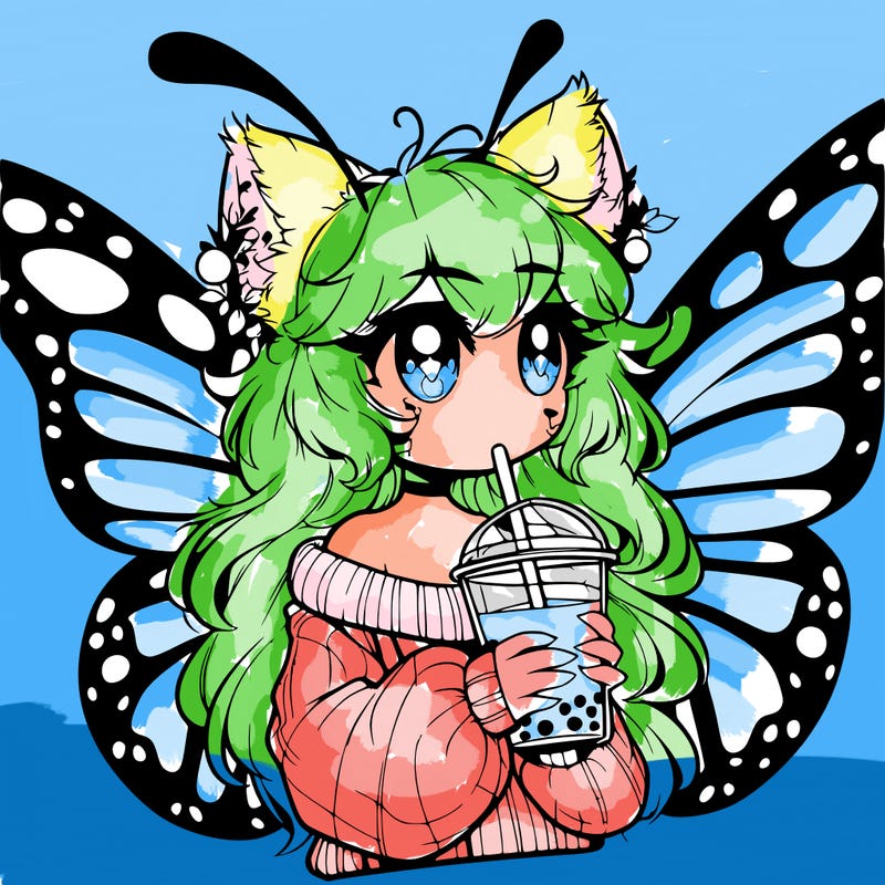 a realistic butterfly/furry girl drinking boba