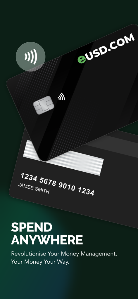 eUSD Card - Eine schicke schwarze eUSD Debitkarte mit dem Text Überall ausgeben