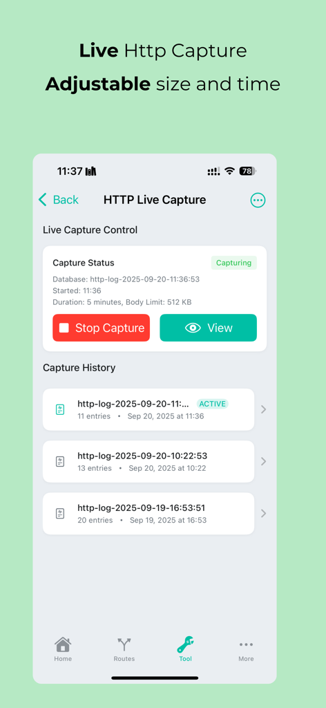 MintFlow NetStack - MintFlow NetStack app interface showing the HTTP Live Capture screen with capture status and history list