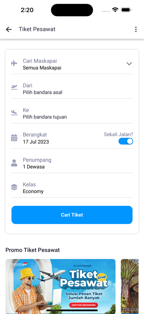 Darmawisata Indonesia - Darmawisata Indonesia app interface for searching flight tickets with date and passenger options