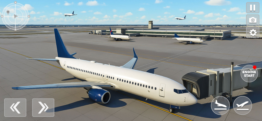 City Plane Flight Sim Games 3D - A white commercial airplane at an airport gate with other planes in the background in City Plane Flight Sim Games 3D.