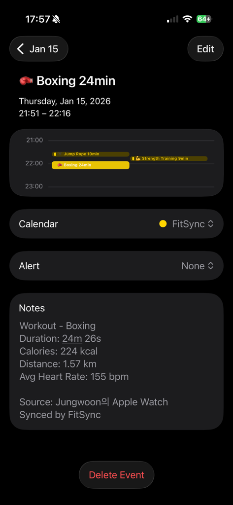FitSync - Workout to Calendar - A boxing workout entry in a calendar synced by FitSync showing duration calories and heart rate stats