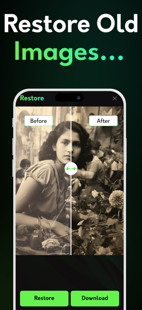 Before and after comparison of an old photo restored using FLUX AI image generator