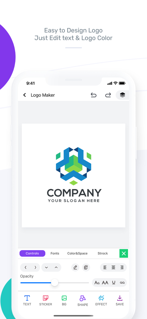 Logo Maker - Logo Templates - テキストとカラーツールを使用して幾何学的な企業ロゴを編集している様子を示すロゴデザインアプリのモバイルインターフェース。