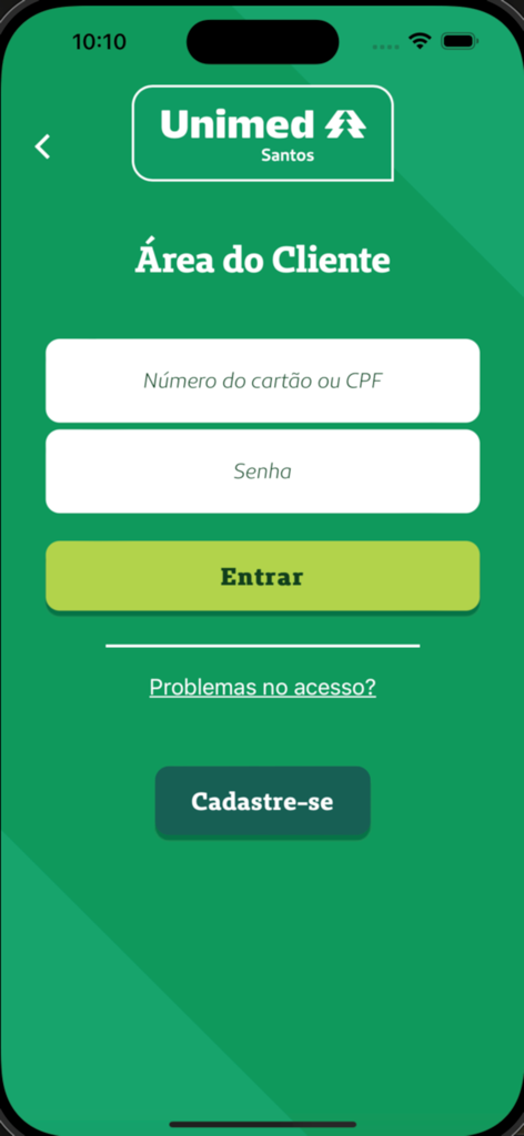 Unimed Santos - Pantalla de inicio de sesión para el área de clientes de la aplicación médica Unimed Santos