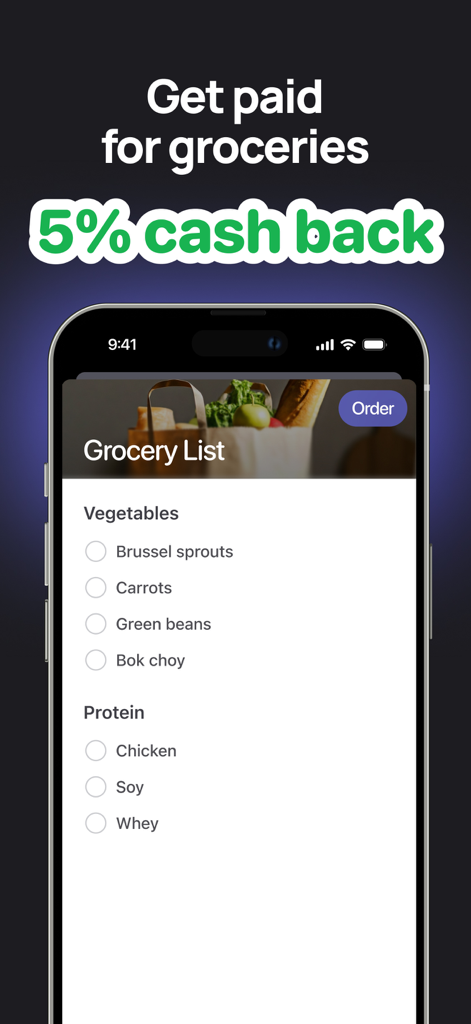 Hero Assistant app interface showing a categorized grocery list with a 5 percent cash back offer.