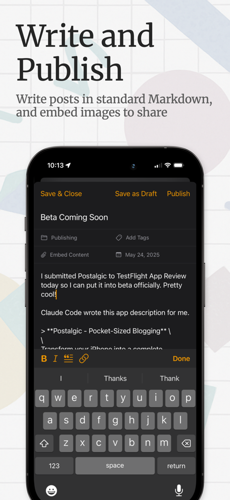 Interfaz de la aplicación Postalgic que muestra un editor de publicaciones de blog en markdown en la pantalla de un iPhone.
