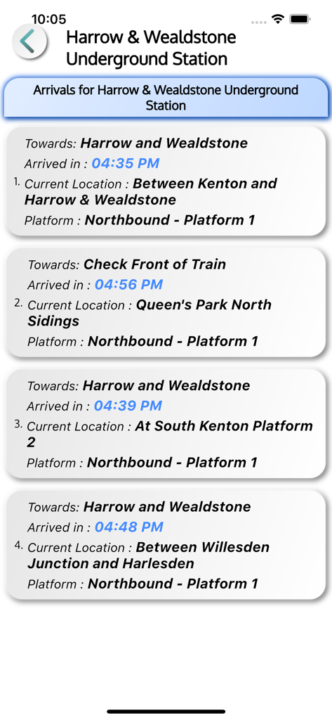 Real-time arrival times and current train locations for Harrow and Wealdstone Underground Station
