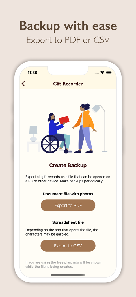 Smartphone displaying the Gift Recorder app's backup screen with options to export gift records as PDF or CSV files.