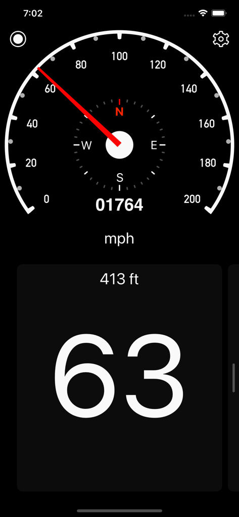 Interface of the Speedometer Simple app showing a large digital 63 mph display and an analog speed dial with a compass