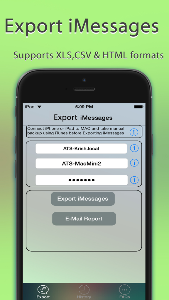 Export Messagesアプリのインターフェースで、imessageをXLS、CSV、HTML形式にエクスポートするオプションを表示